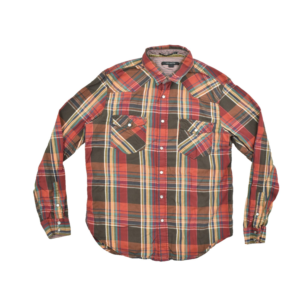 Heritage 1981 Mens Size Medium Fitted Plaid Western Snap Button Shirt Red Brown